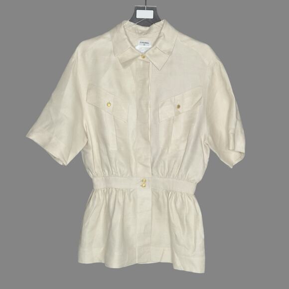 Chanel Boutique US10 Vintage 2 Pc Suit Set 100% Linen Natural Safari Gold Button - Picture 5 of 16